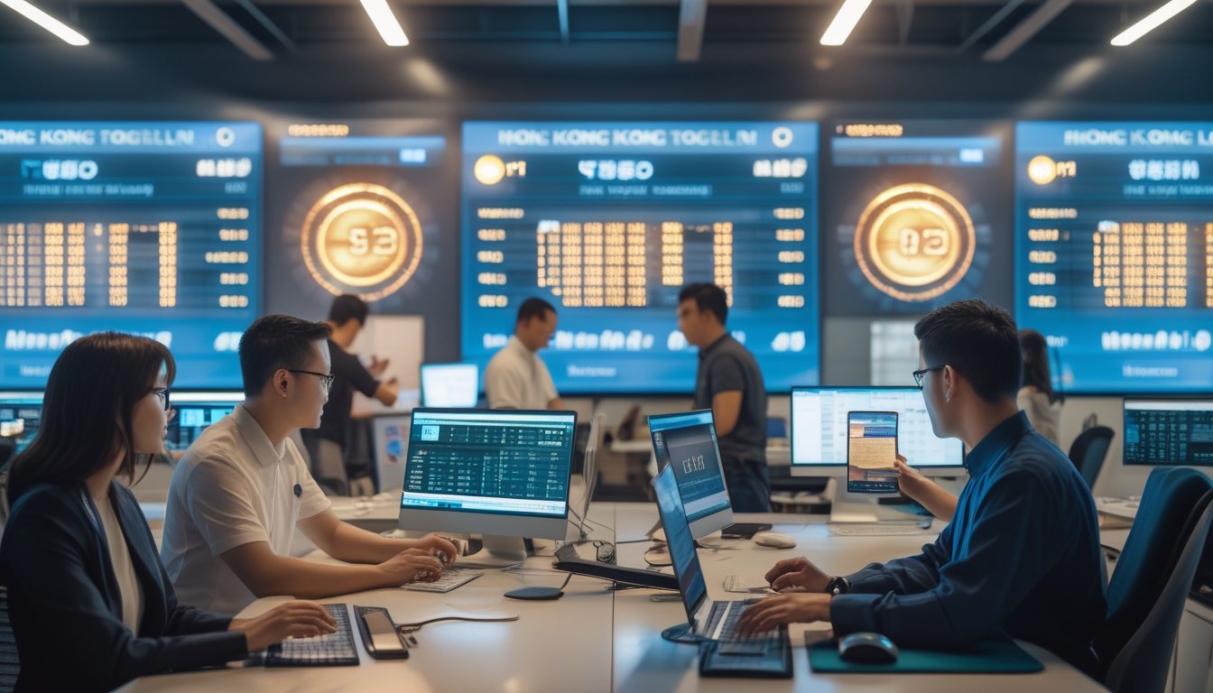 Orang-orang bekerja di kantor modern dengan komputer dan tablet yang menampilkan data hasil togel Hongkong secara cepat dan akurat.