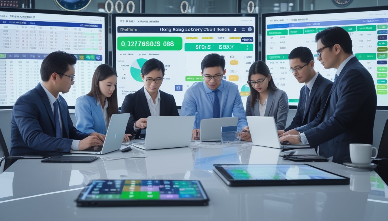 Sekelompok profesional sedang bekerja dengan komputer dan perangkat digital yang menampilkan data hasil togel Hongkong secara cepat dan akurat di kantor modern.