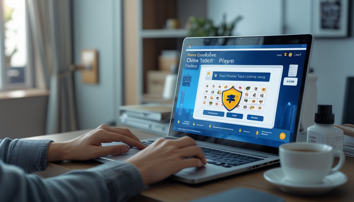Seseorang menggunakan laptop di ruang kerja yang nyaman dengan suasana aman dan tenang, menampilkan antarmuka permainan togel online.