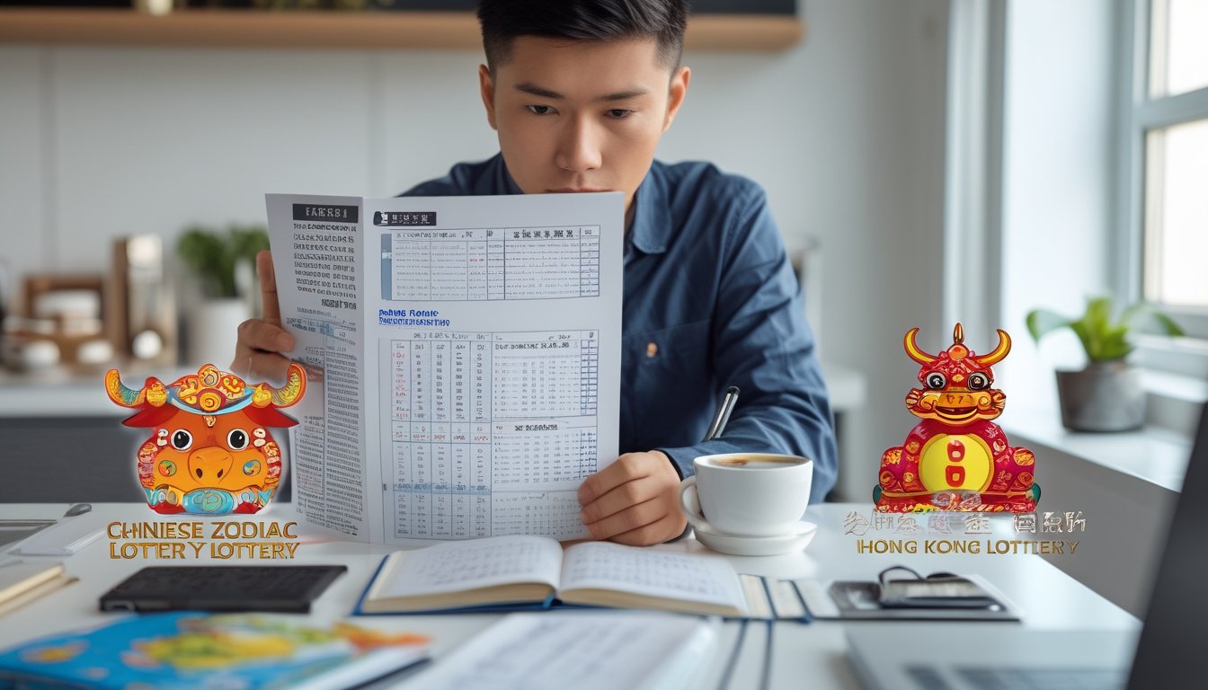 Seorang dewasa muda sedang belajar dengan serius di meja kerja yang rapi, dengan laptop, buku catatan, dan simbol hewan shio kecil di sekitar meja.