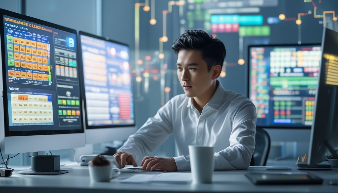 Seorang pria muda duduk di meja dengan beberapa layar komputer menampilkan angka dan grafik terkait lotere Hongkong dalam suasana kantor modern.