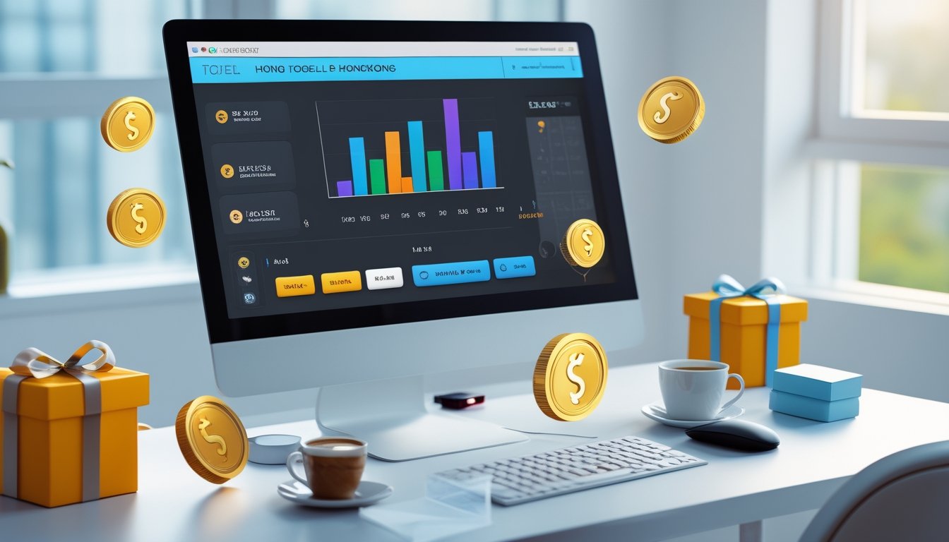 Sebuah meja kerja modern dengan komputer yang menampilkan antarmuka digital terkait lotere Hong Kong, dikelilingi oleh simbol hadiah dan diskon.