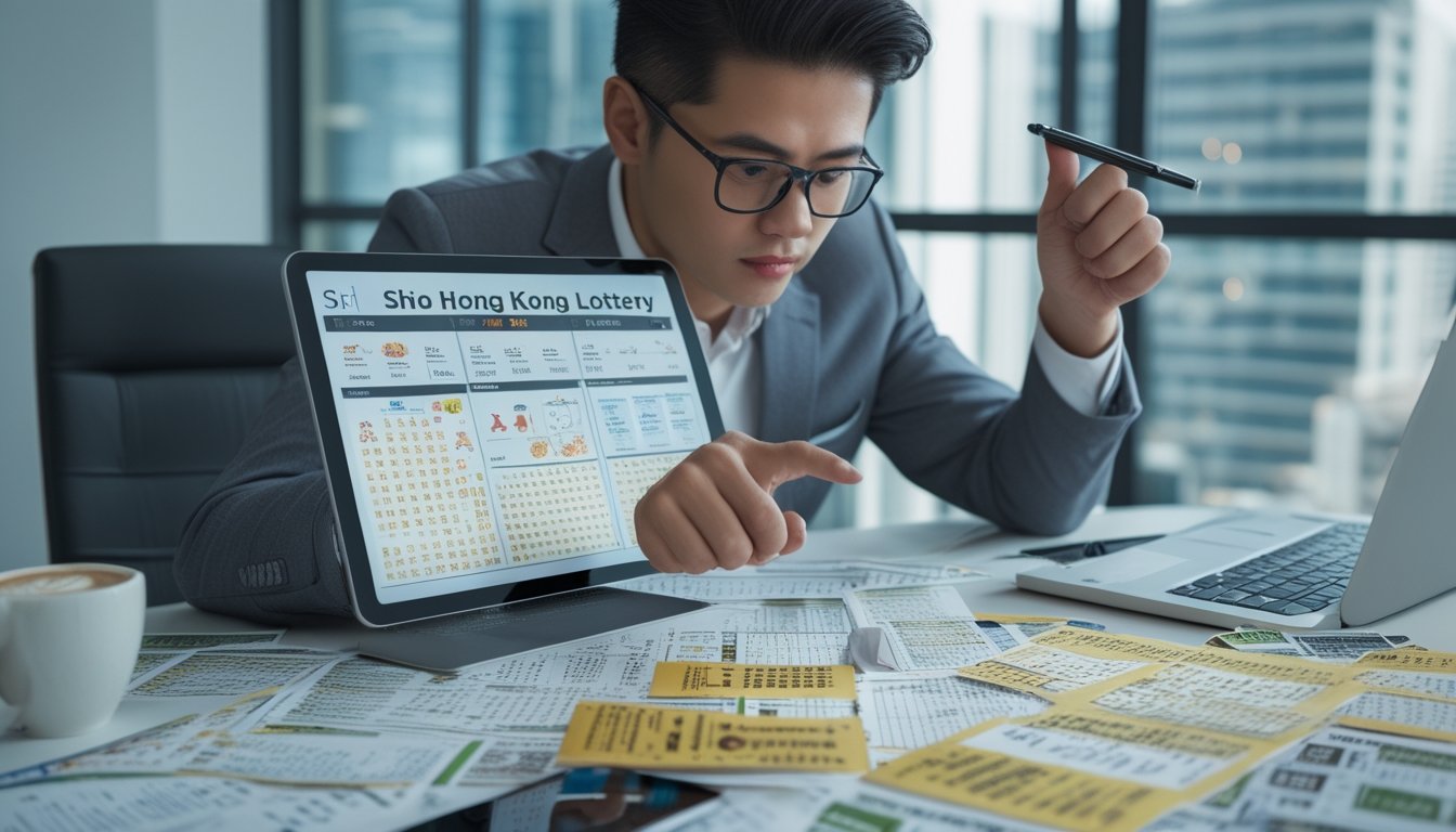 Seseorang sedang menganalisis strategi taruhan togel dengan grafik dan simbol shio di meja kerja.