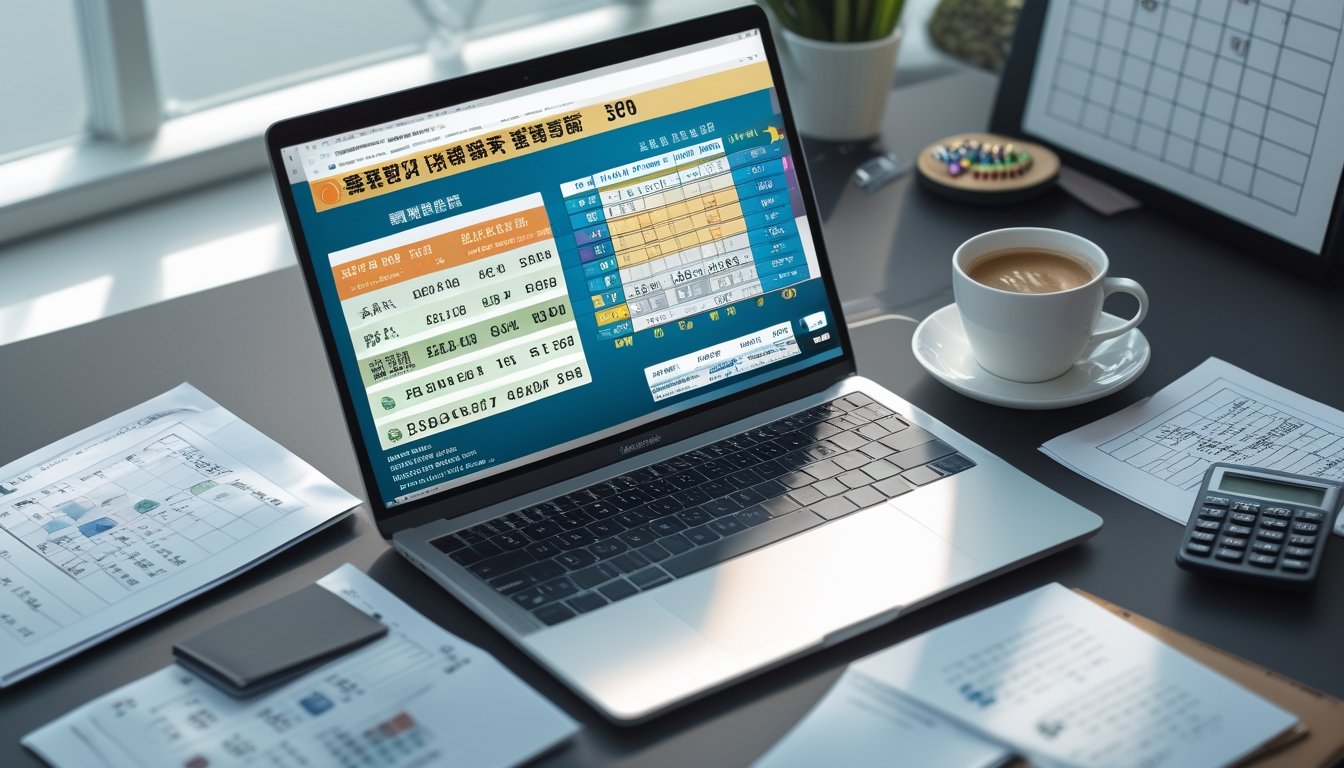 Meja kerja dengan laptop, kertas berisi grafik dan statistik, kalkulator, dan cangkir kopi yang menggambarkan suasana perencanaan strategi taruhan togel Shio dan Hongkong.
