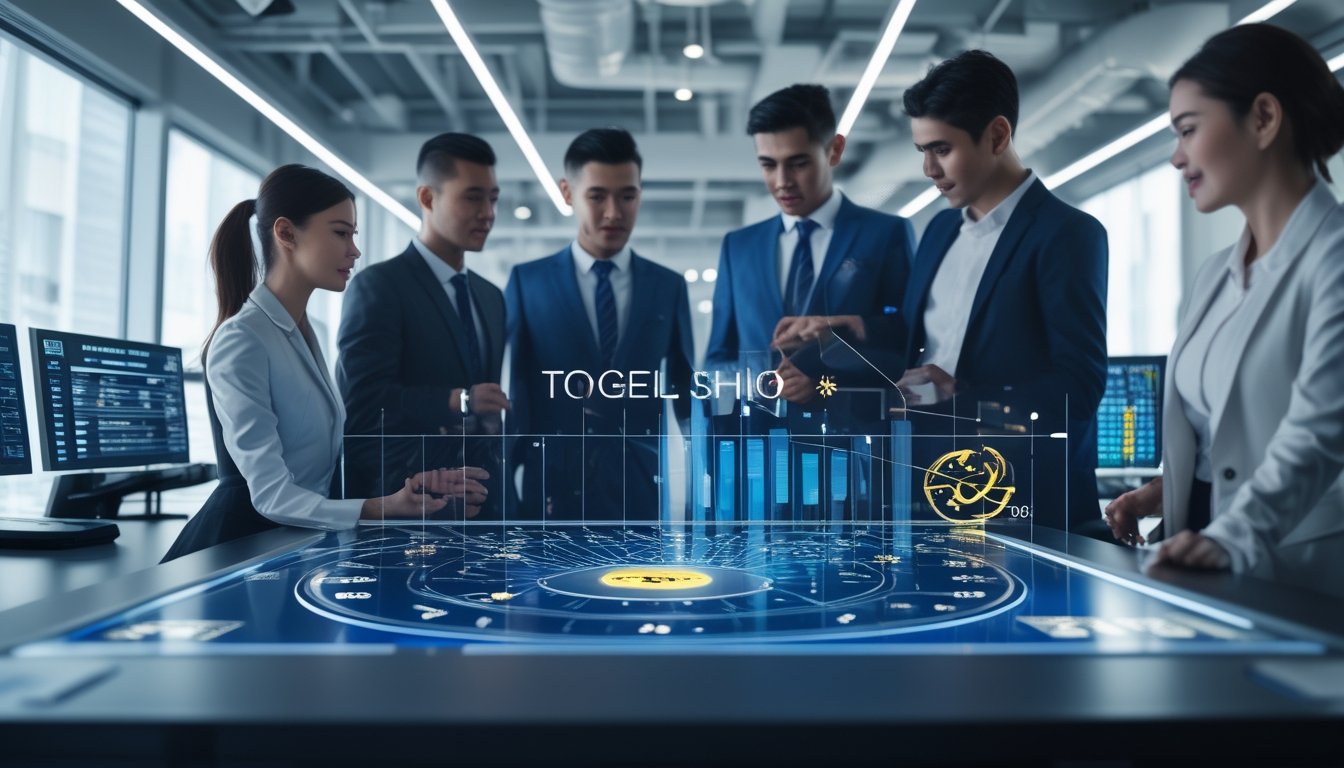 Sekelompok profesional bekerja sama di kantor modern dengan layar digital yang menampilkan grafik dan simbol zodiak, menunjukkan sistem pembayaran cepat untuk taruhan togel.