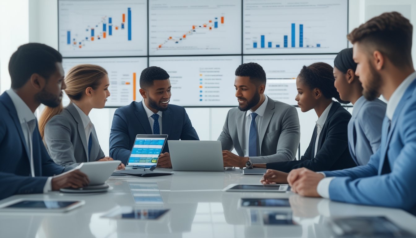 Sekelompok profesional bisnis sedang berdiskusi di kantor modern dengan perangkat digital dan grafik di layar, menunjukkan layanan agen taruhan dengan sistem pembayaran cepat.