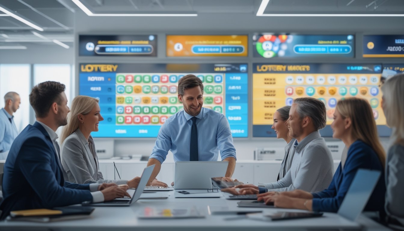 Seorang agen taruhan sedang membantu pelanggan di kantor modern dengan layar digital menampilkan angka togel dan grafik pasar togel.