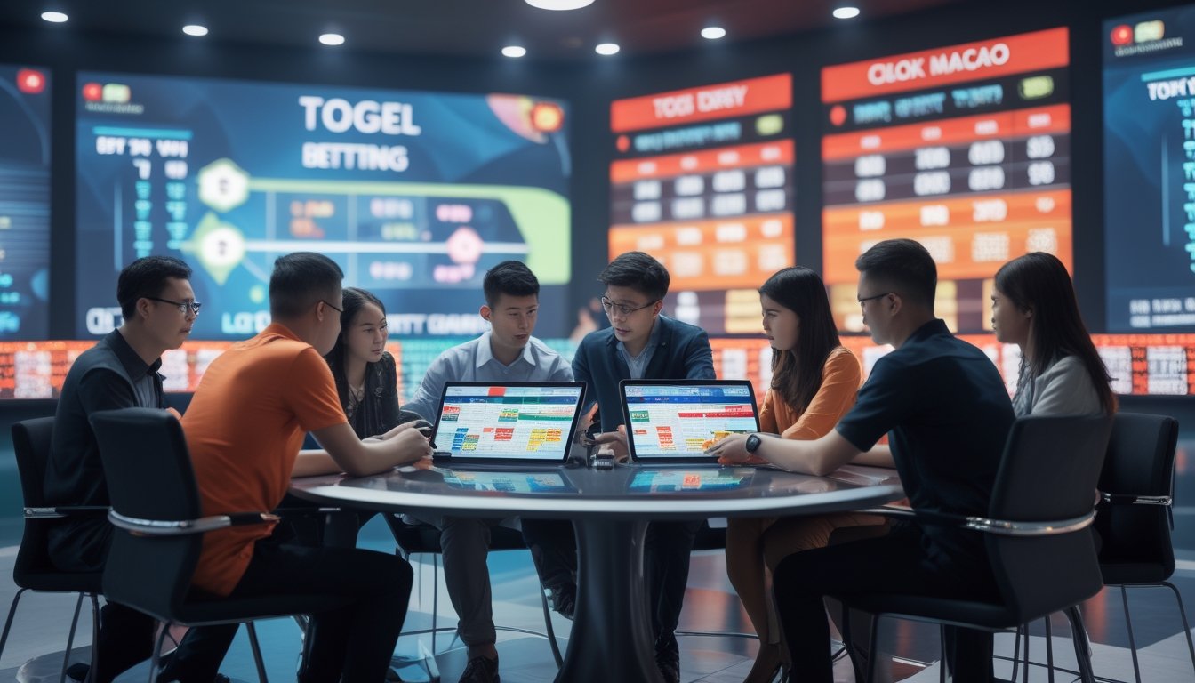 Sekelompok orang sedang berdiskusi serius di meja dengan perangkat digital yang menampilkan angka dan grafik taruhan togel.