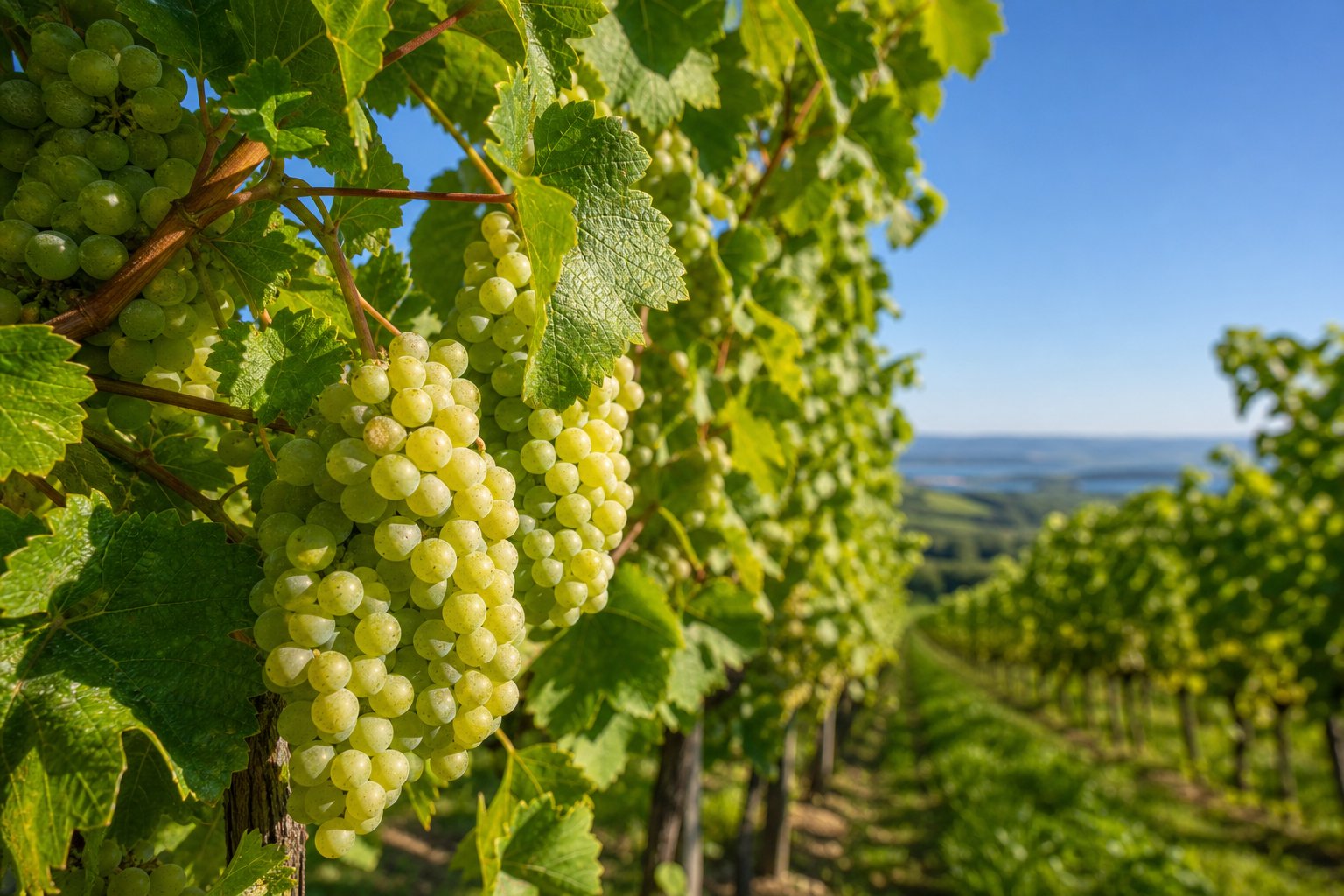 Nahaufnahme von reifen Müller-Thurgau-Trauben an grünen Reben in einem sonnigen Weinberg.