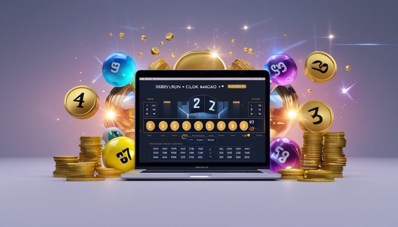 Seorang pria menggunakan laptop dengan layar menampilkan antarmuka permainan togel online, dikelilingi oleh koin emas dan bola togel berwarna-warni.