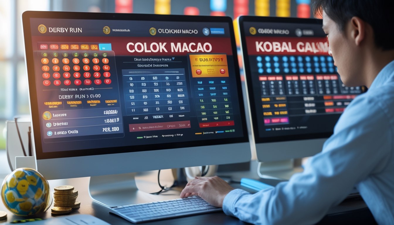 Seorang pria menggunakan komputer dengan layar menampilkan angka lotre dan informasi taruhan dalam suasana permainan judi online.