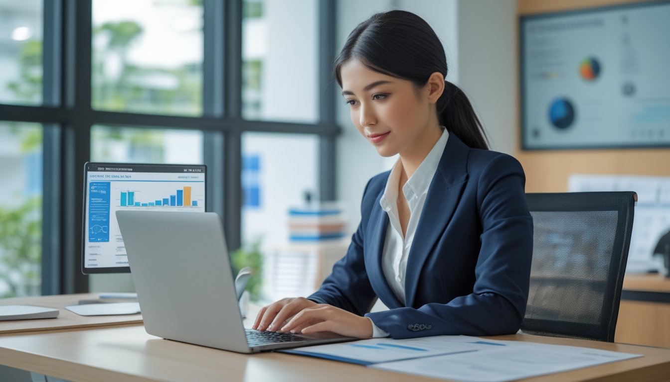 Seorang wanita bisnis duduk di meja kantor modern sambil melihat dokumen dan menggunakan laptop dengan latar belakang jendela besar yang menerangi ruangan.