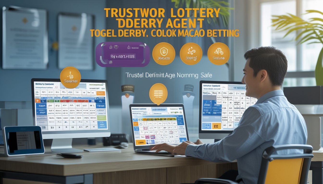 Seorang agen taruhan duduk di meja kantor modern, berinteraksi dengan klien dengan latar belakang layar komputer yang menampilkan angka togel dan grafik.