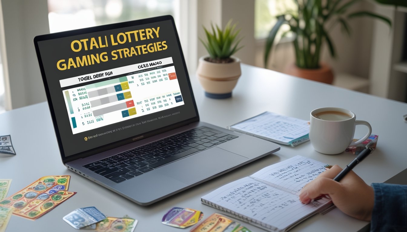 Meja kerja dengan laptop, catatan, tiket lotere, dan cangkir kopi yang menunjukkan suasana belajar dan perencanaan strategi permainan togel.