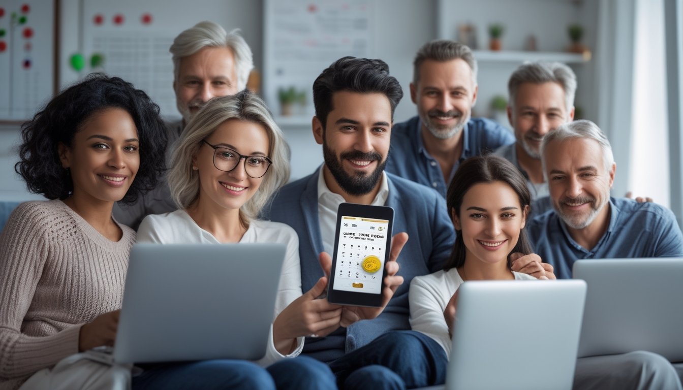 Sekelompok orang dewasa menggunakan perangkat digital di rumah yang nyaman, terlihat fokus dan antusias dengan aktivitas taruhan togel online.