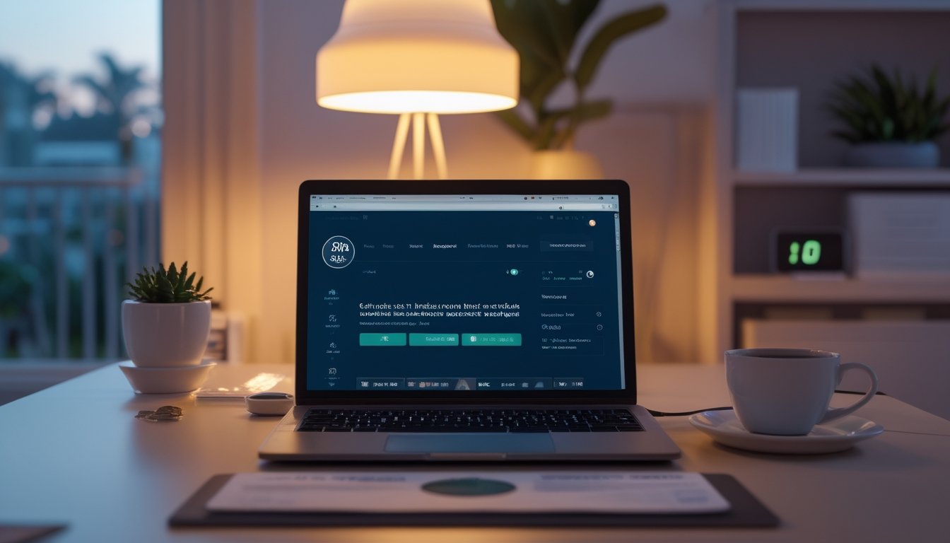 Sebuah meja kerja dengan laptop yang menampilkan situs taruhan online, kopi di samping, dan jam digital yang menunjukkan waktu malam, menggambarkan kenyamanan akses online 24 jam.