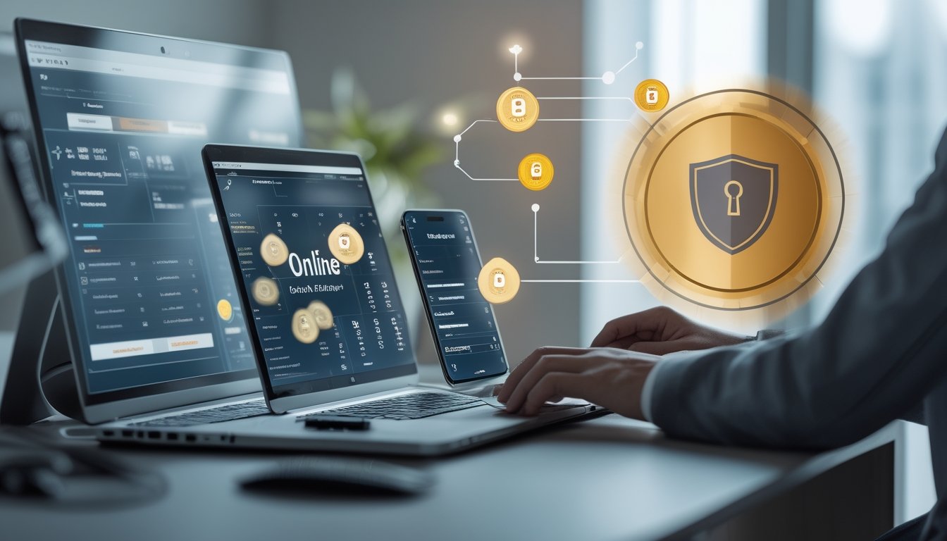 Seseorang menggunakan laptop dan ponsel di meja kerja dengan tampilan terkait platform togel online.