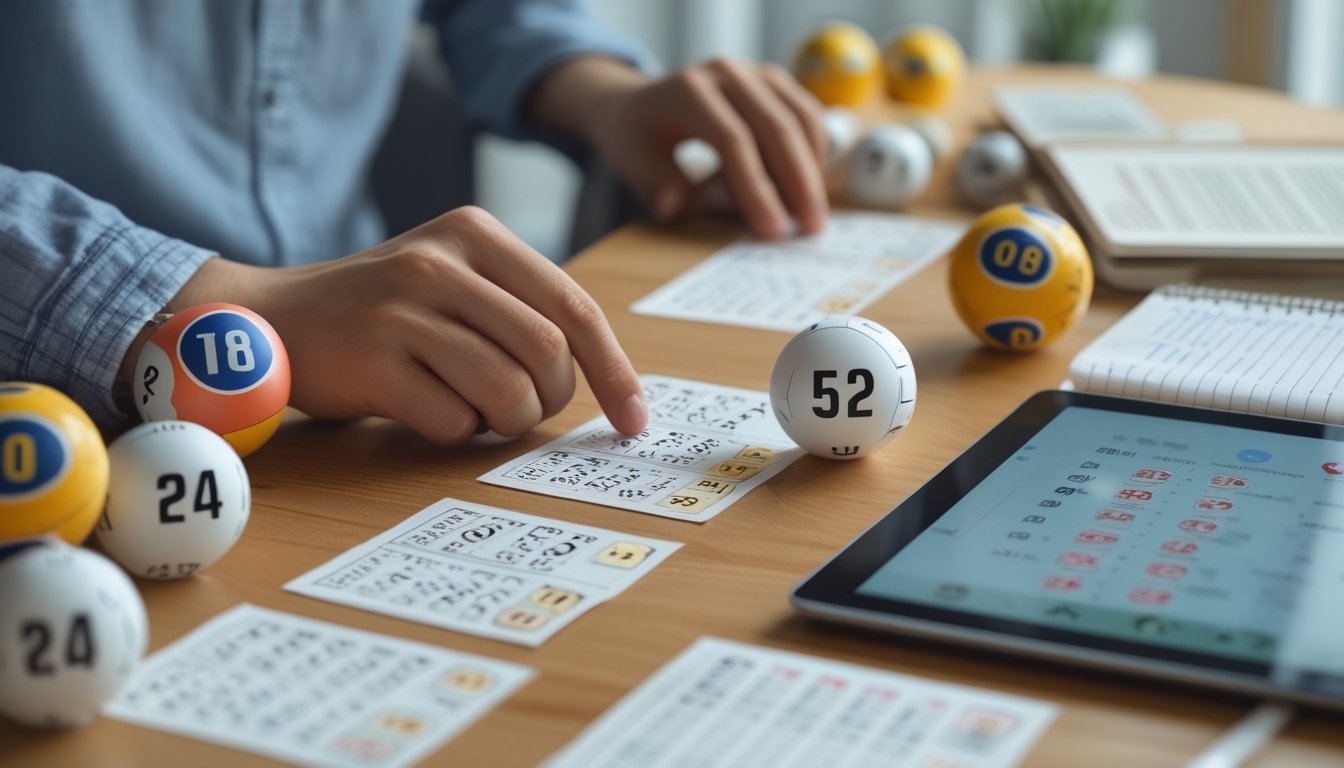 Tangan yang sedang memegang tiket lotere dan alat tulis di atas meja kayu dengan bola lotere bernomor dan tablet digital di latar belakang.