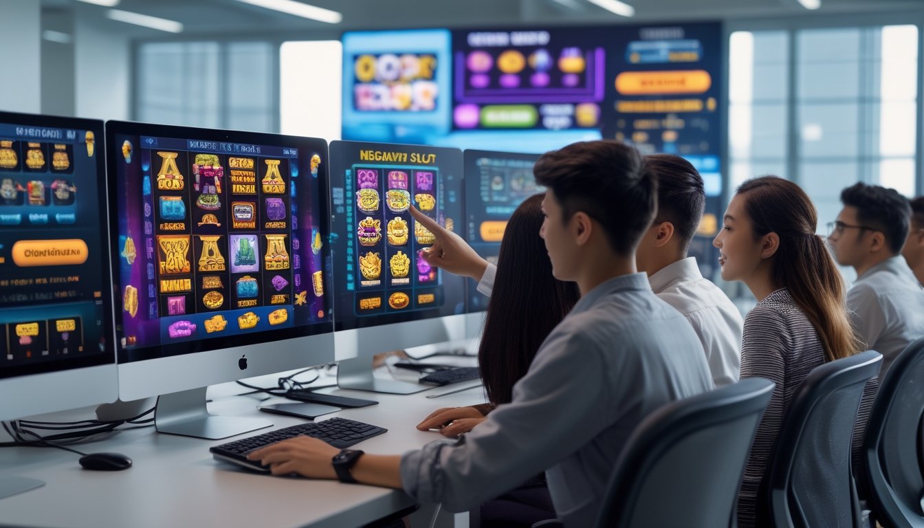 Sekelompok orang muda sedang bekerja bersama di kantor dengan beberapa layar komputer yang menampilkan permainan slot online dan grafik data.
