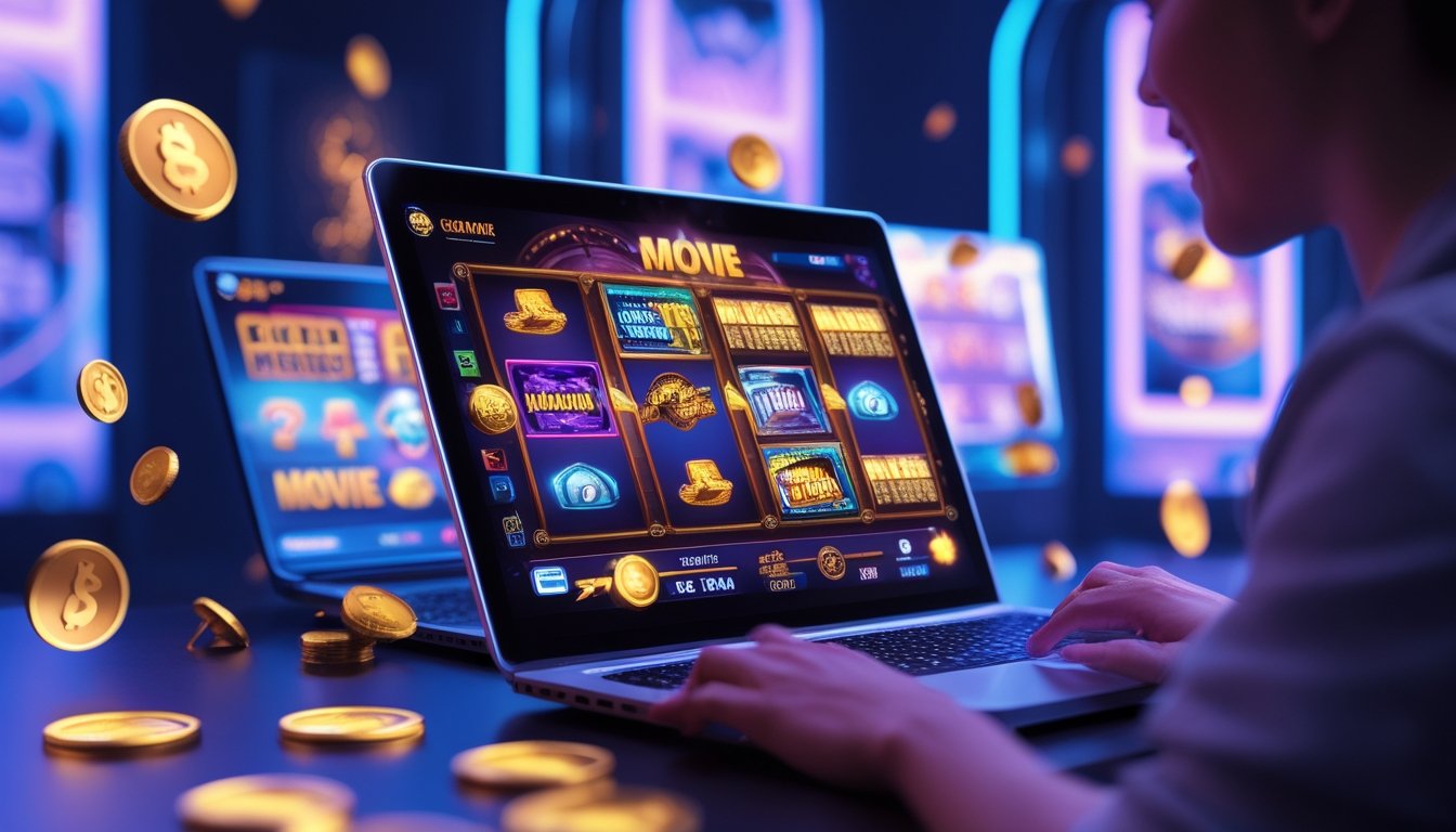 Seseorang bermain permainan slot online bertema film di komputer dengan tampilan layar penuh warna dan simbol kemenangan.