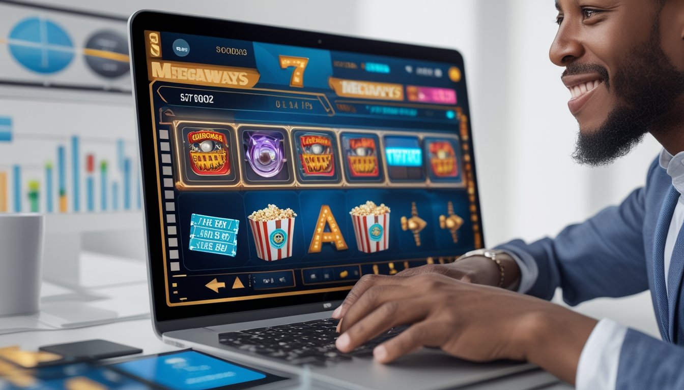 Seseorang menggunakan laptop yang menampilkan permainan slot bertema film dengan simbol film di layar, di ruang kerja modern.