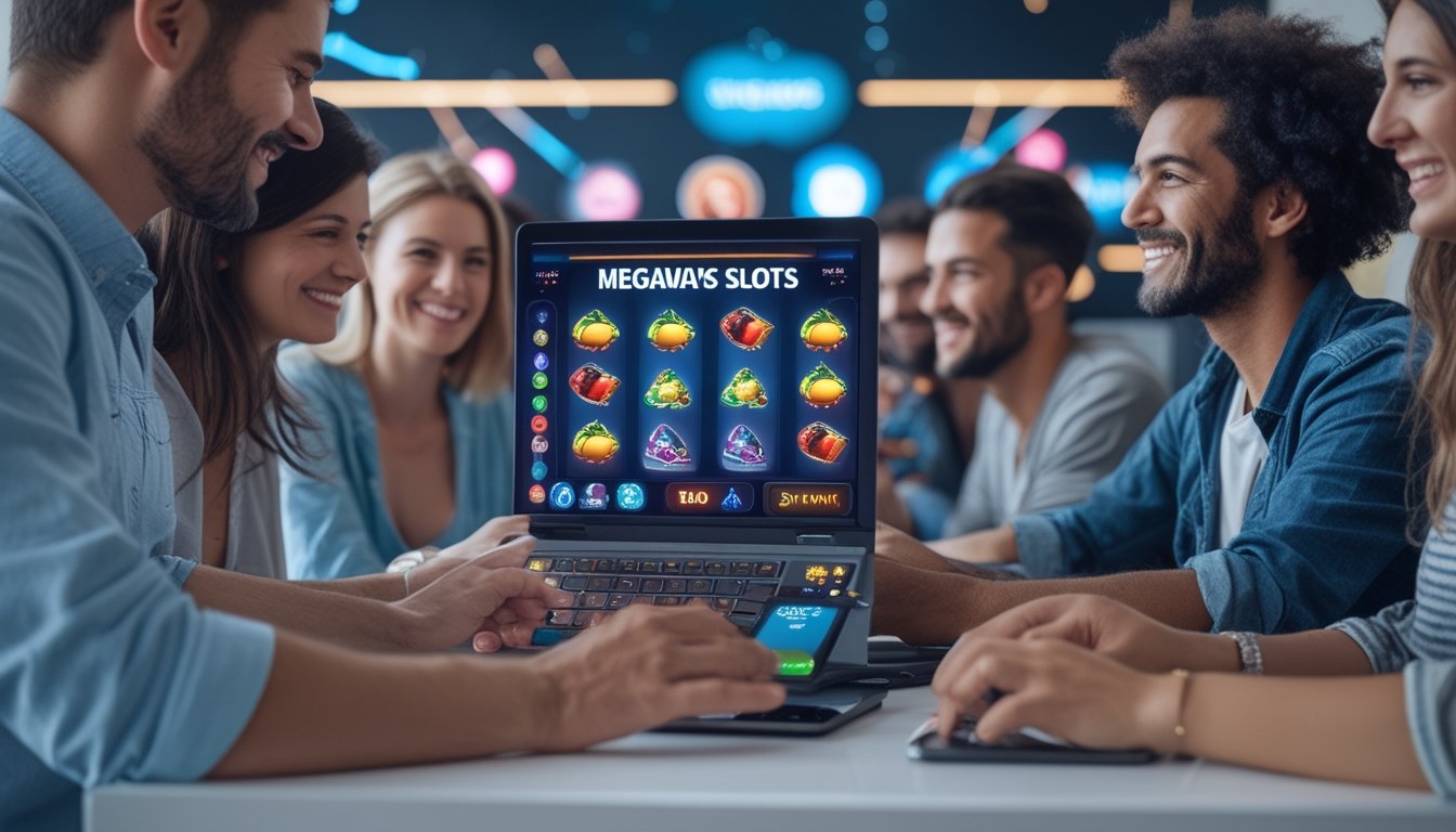 Orang-orang sedang bermain mesin slot online dengan perangkat digital di meja, tampak senang dan fokus.