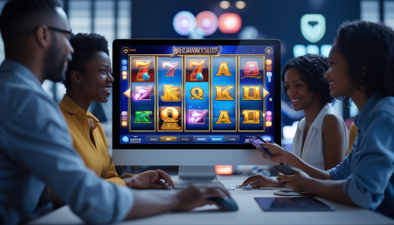 Orang-orang sedang bermain slot online di depan komputer dengan tampilan mesin slot berwarna-warni dan suasana yang penuh semangat.
