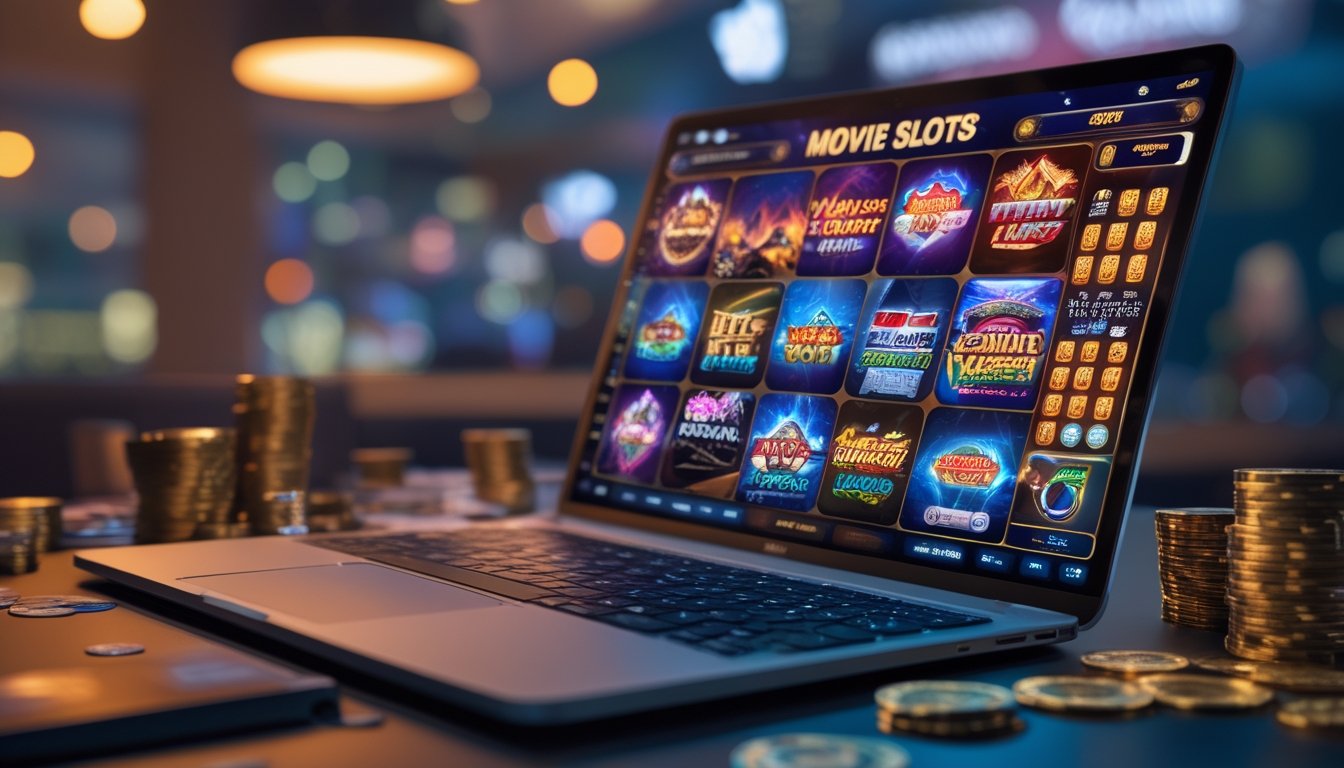 Seorang pemain menggunakan komputer dengan layar menampilkan permainan slot bertema film dan Megaways, dikelilingi chip poker dan koin, suasana nyaman untuk bermain taruhan online.