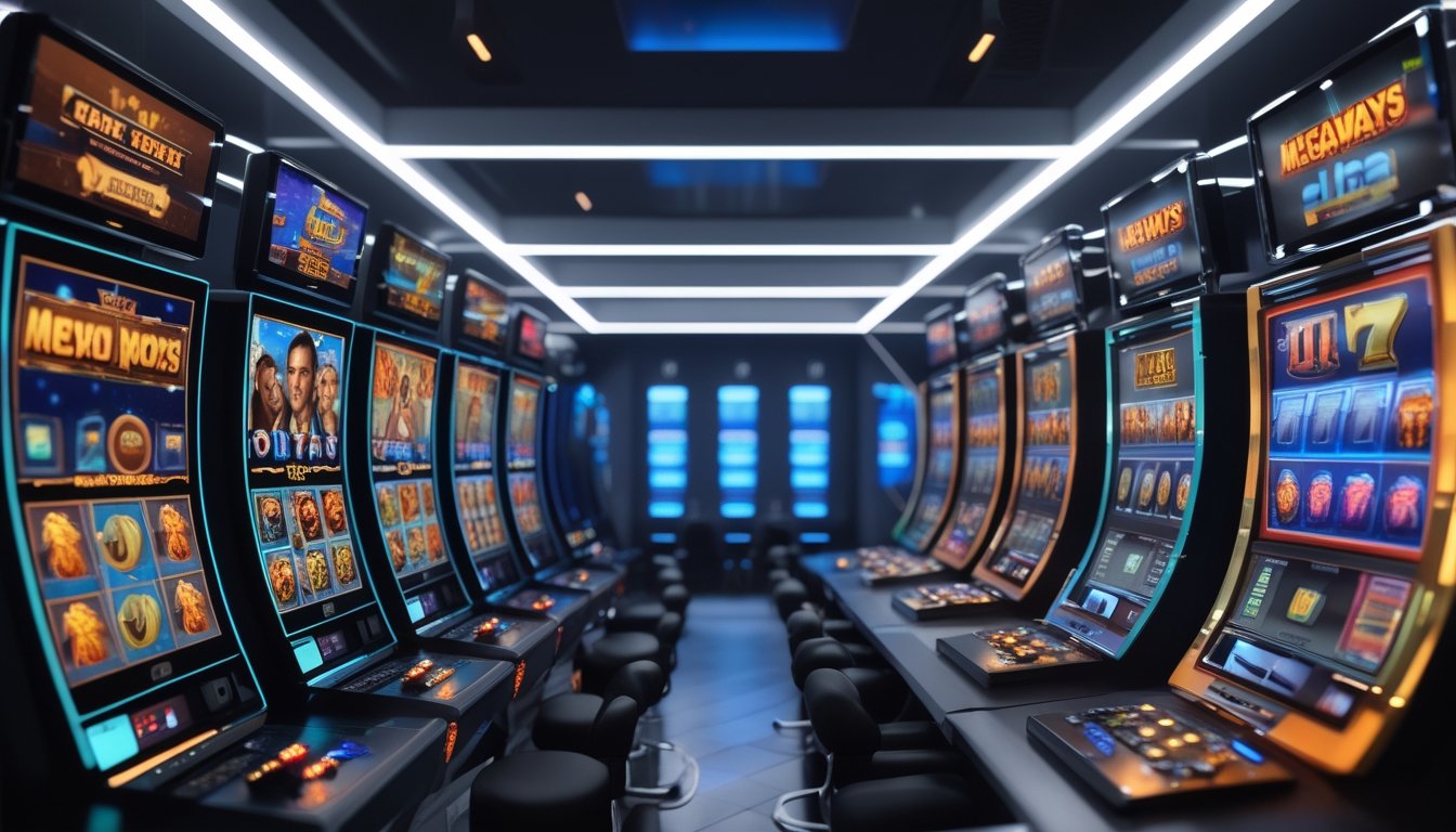 Antarmuka kasino digital modern menampilkan dua jenis mesin slot dengan tema film dan Megaways di lingkungan agen taruhan online.