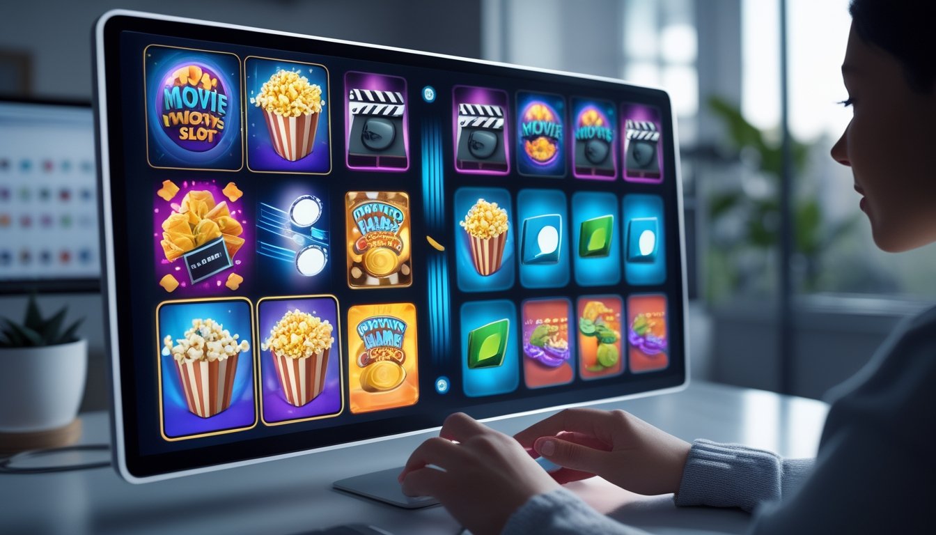 Seseorang menggunakan perangkat digital dengan tampilan permainan slot bertema film dan Megaways di layar.