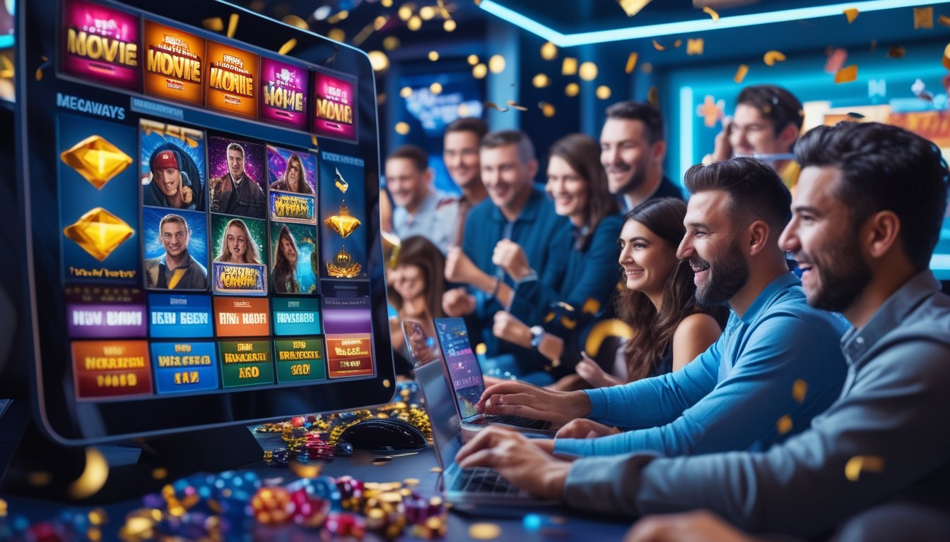 Orang-orang bermain mesin slot bertema film dan Megaways secara online dengan suasana penuh semangat dan modern.
