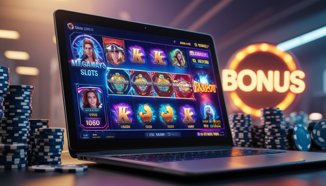 Seorang pemain menggunakan komputer dengan layar menampilkan permainan slot bertema film dan Megaways, dikelilingi tumpukan chip kasino dan suasana taruhan online yang menarik.