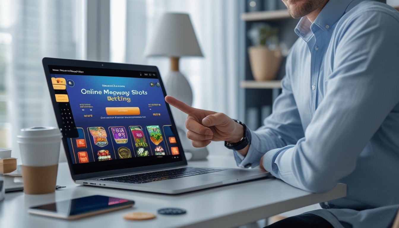 Seseorang duduk di meja dengan laptop yang menampilkan permainan slot online, menunjukkan ekspresi percaya diri dan ramah di ruang kerja yang terang dan rapi.