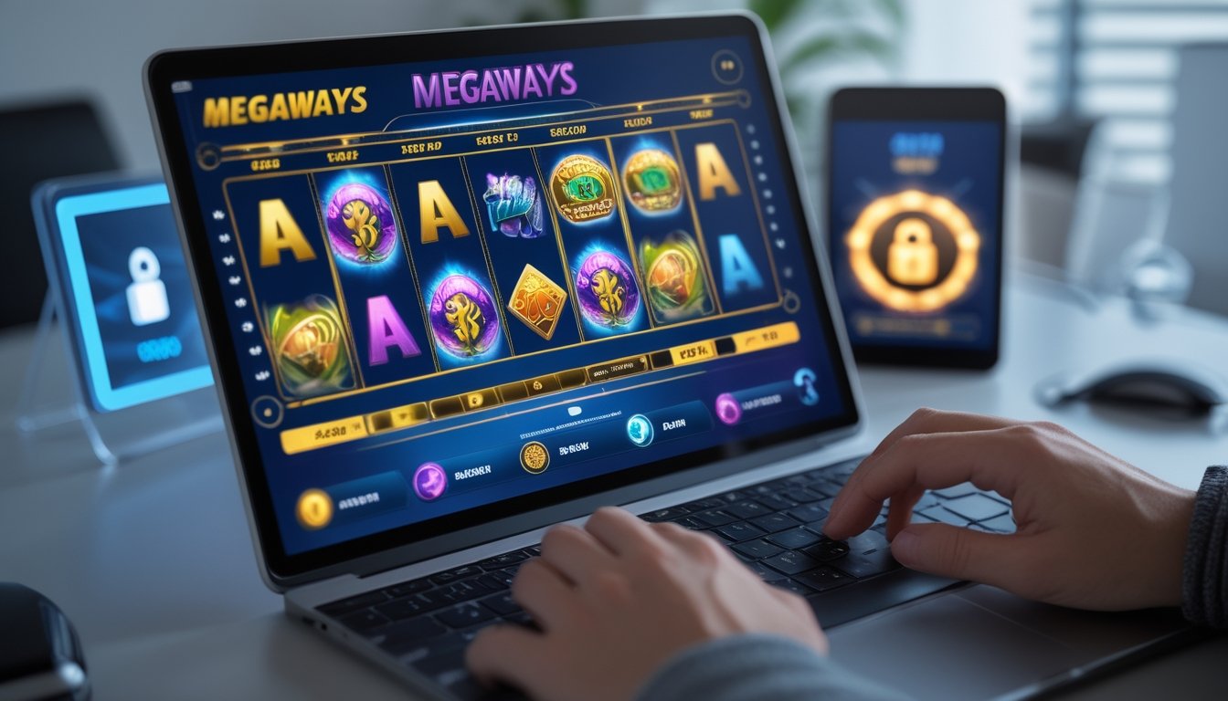 Tangan seseorang menggunakan laptop yang menampilkan permainan slot Megaways dengan latar belakang simbol keamanan digital.