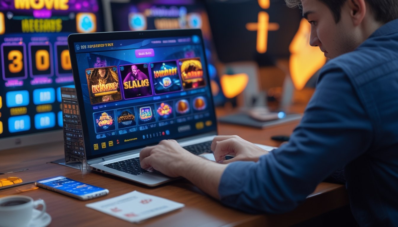 Seorang pria duduk di depan laptop yang menampilkan permainan slot bertema film dan Megaways, dengan suasana kerja yang rapi dan elemen permainan slot di sekitar meja.