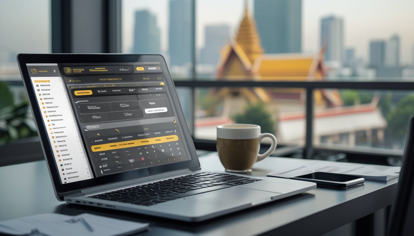 Suasana ruang kerja modern dengan laptop yang menampilkan platform taruhan online sabung ayam, latar belakang kota Bangkok samar-samar terlihat.
