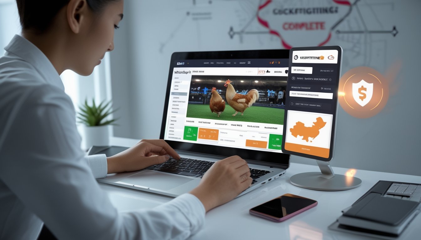 Seorang pria menggunakan laptop dengan tampilan situs taruhan sabung ayam, di meja kerja modern dengan ikon keamanan dan peta Bangkok di latar belakang.