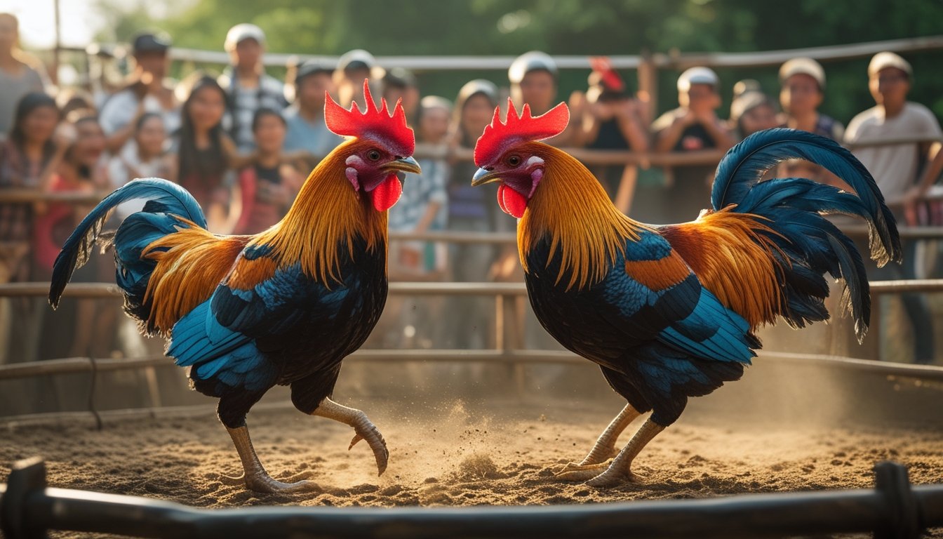 Dua ayam Bangkok sedang bertarung di arena dengan penonton yang antusias di latar belakang.