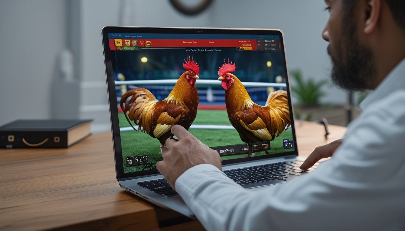 Seorang pria dewasa menggunakan laptop menonton pertarungan ayam Bangkok secara langsung di layar dengan latar belakang yang bersih dan modern.
