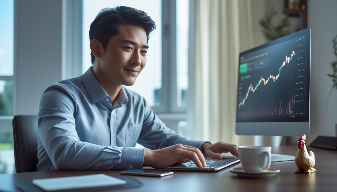 Seorang pria Asia Tenggara duduk di depan laptop di ruang kerja rumah yang rapi dan terang, dengan meja yang teratur dan suasana yang tenang.
