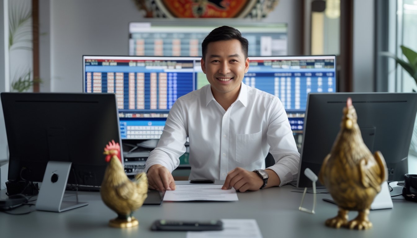 Seorang agen taruhan sabung ayam Bangkok yang terpercaya sedang duduk di meja kantor modern, berbicara dengan klien dan menunjukkan strategi taruhan.