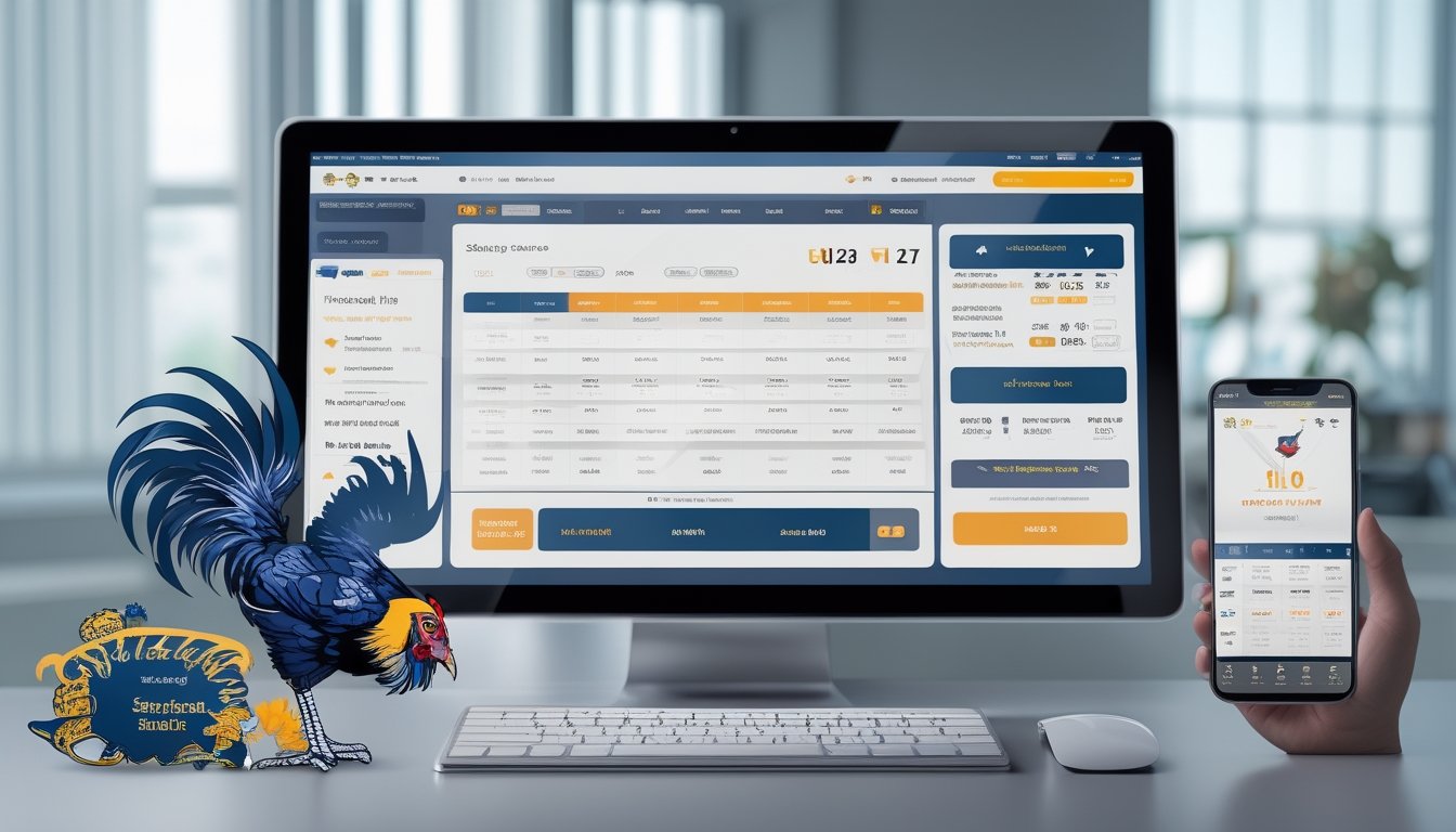 Antarmuka digital platform taruhan Sabung Ayam yang ditampilkan pada laptop dan ponsel di meja kerja modern.