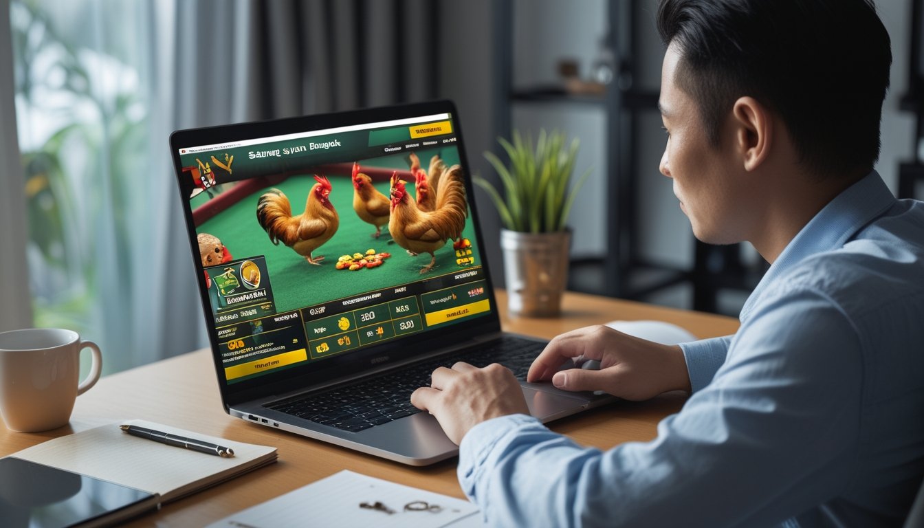 Seseorang duduk di depan laptop di meja kerja dengan layar menampilkan platform taruhan sabung ayam online, suasana terang dan fokus.