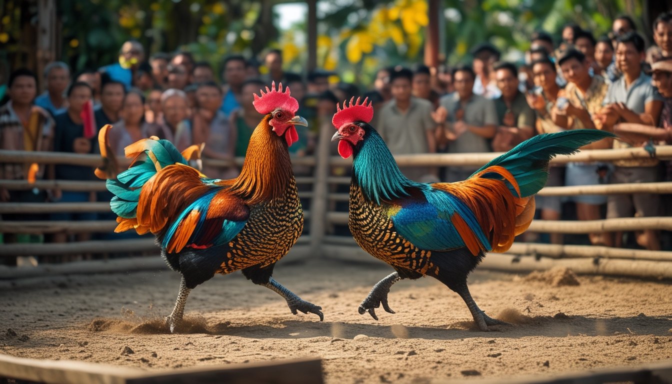 Dua ayam bangkok sedang bertarung di arena kayu dengan penonton yang antusias di sekitarnya.