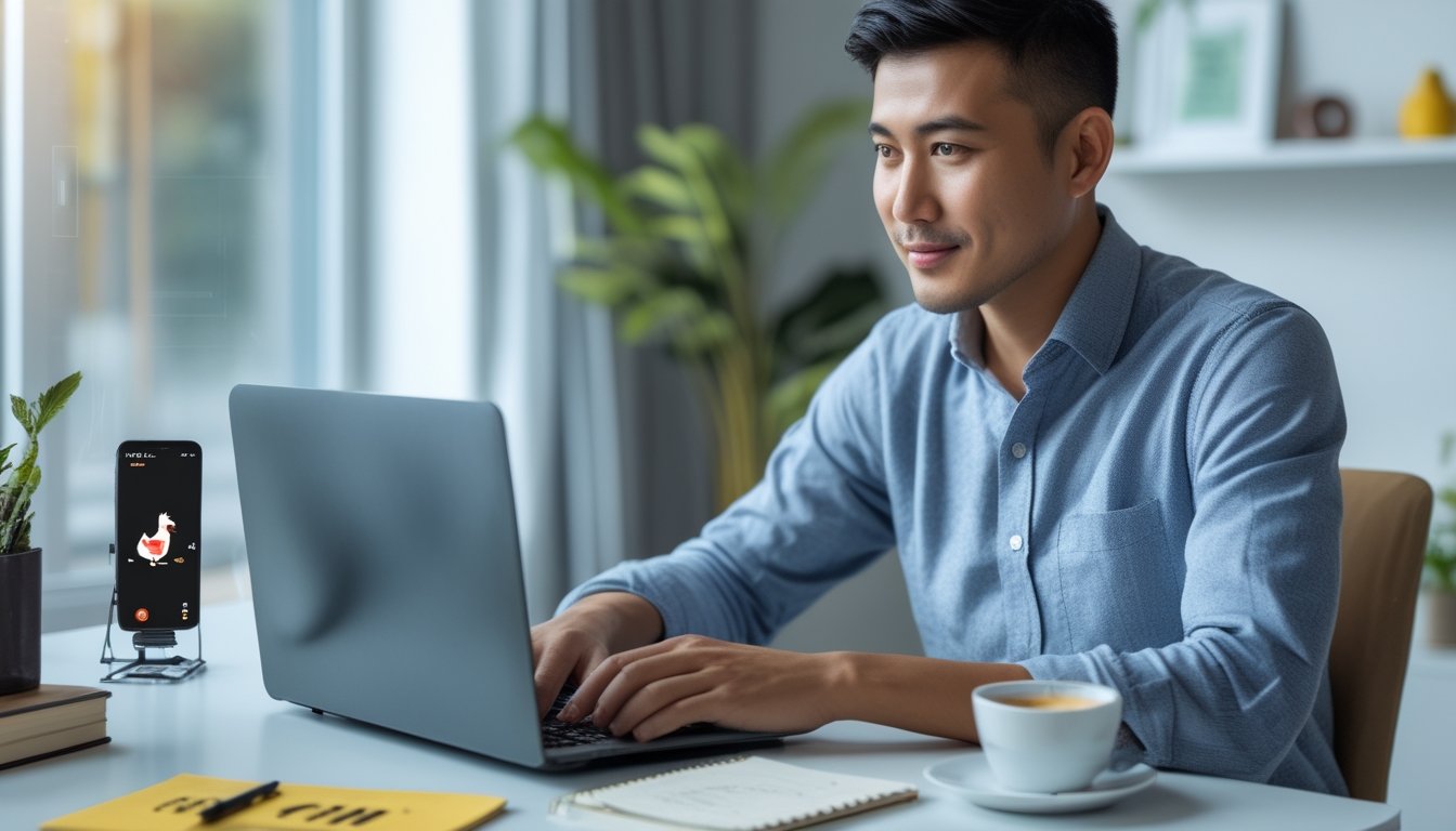 Seorang pria Asia Tenggara menggunakan laptop di meja kerja dengan suasana terang dan rapi, dikelilingi oleh elemen yang berhubungan dengan permainan dan taruhan online ayam bangkok.