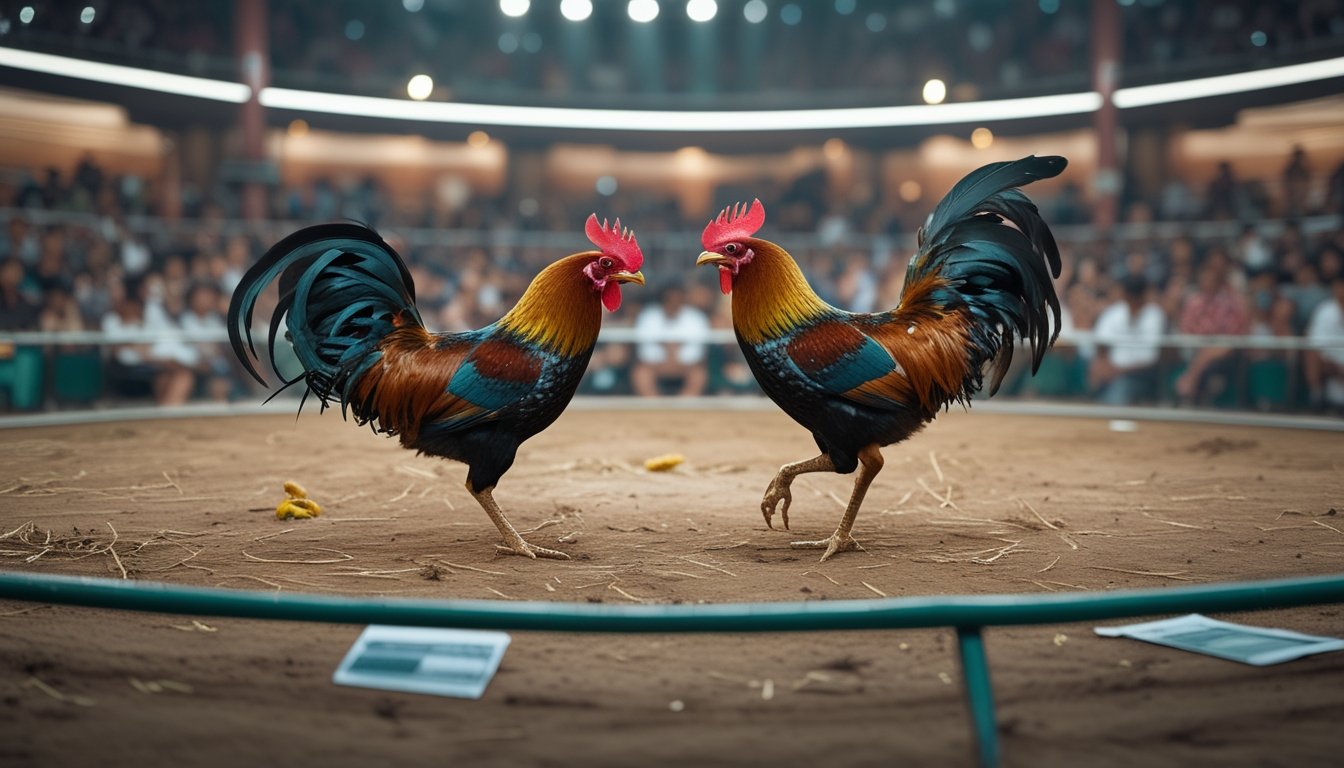 Dua ayam bangkok sedang bertarung di arena sabung ayam dengan penonton di latar belakang.