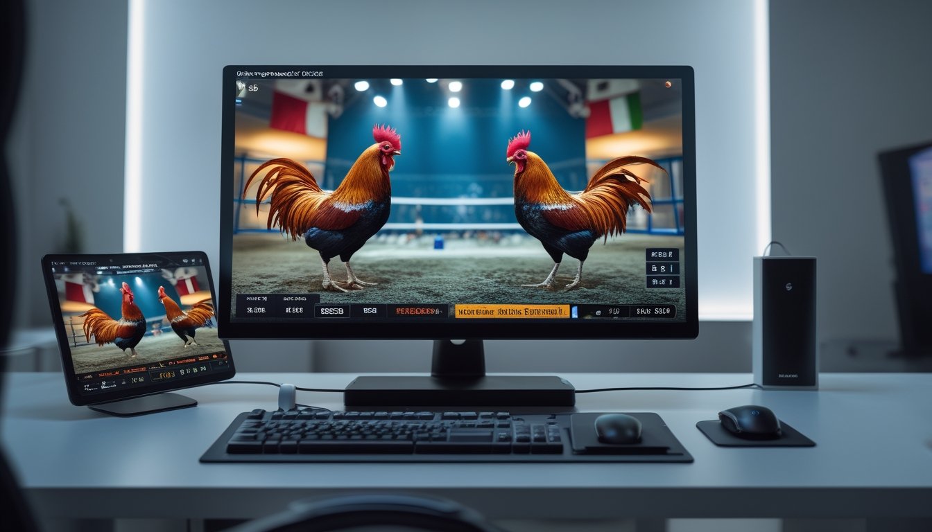Seorang pria menggunakan komputer dengan layar menampilkan pertandingan sabung ayam secara langsung di ruang kerja modern.