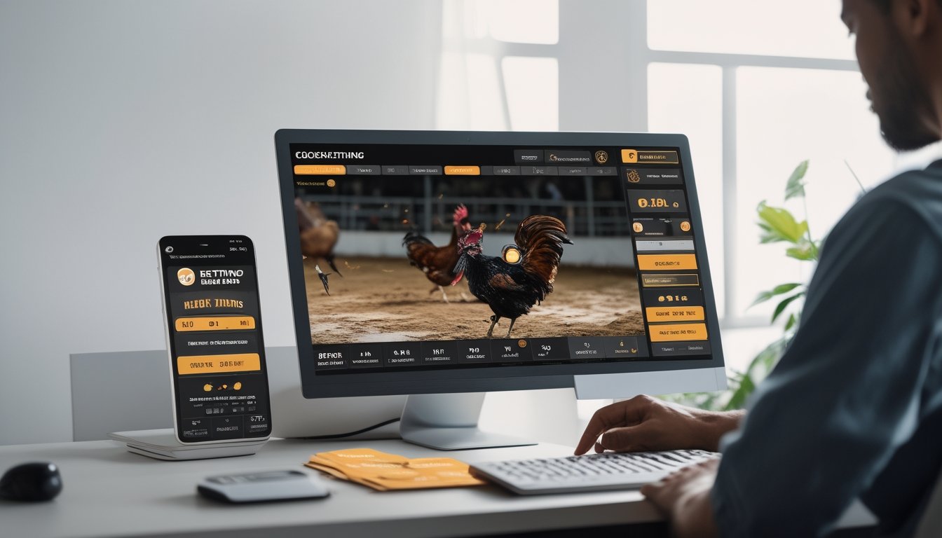 Seorang pengguna sedang melihat siaran langsung sabung ayam di layar komputer dengan tampilan platform taruhan online.