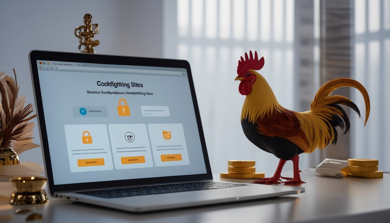 Seorang pria menggunakan laptop dengan ikon keamanan di layar, di meja terdapat patung ayam jago dan hiasan tradisional Asia Tenggara.