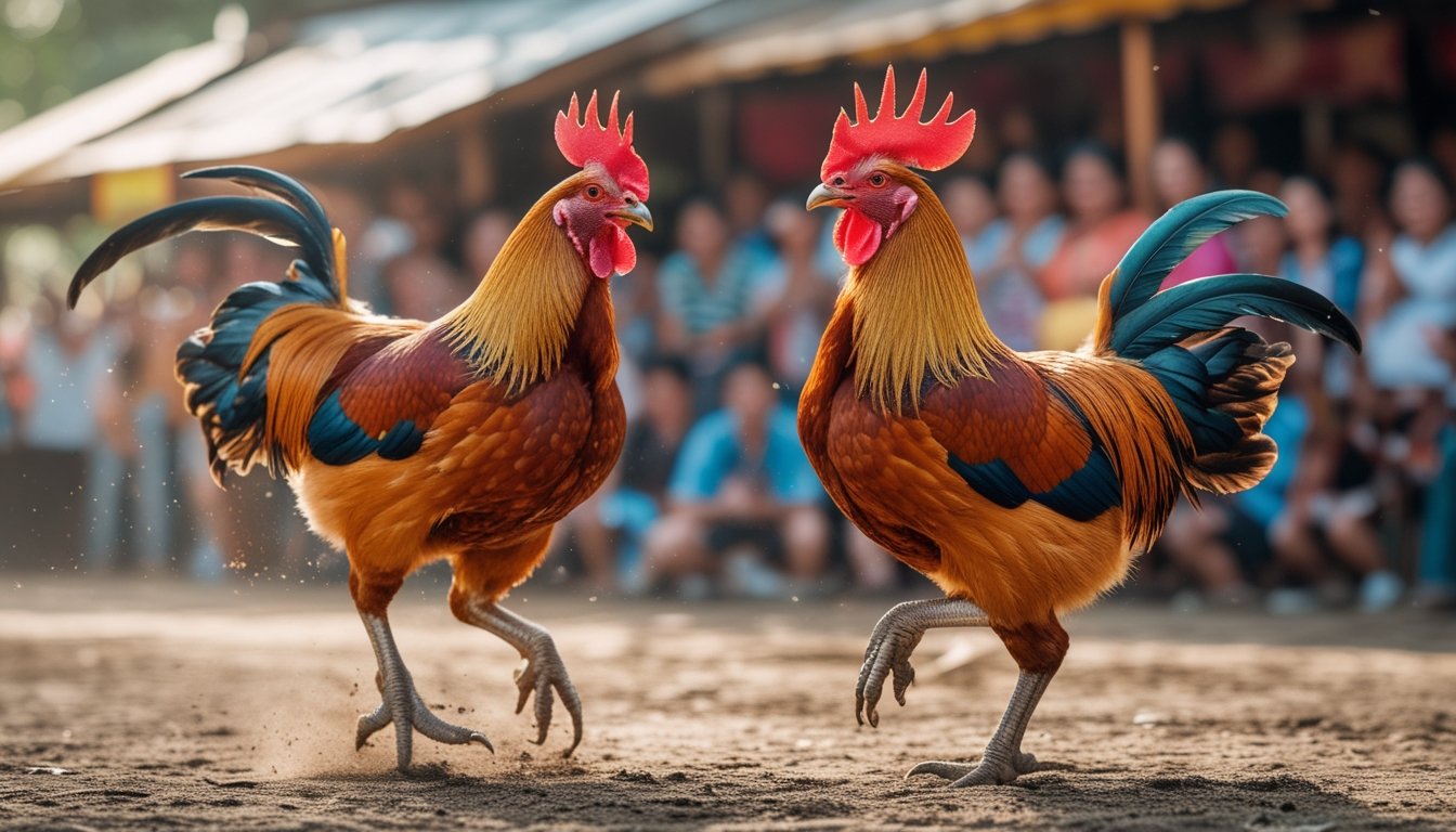 Dua ayam Bangkok sedang bertarung di arena dengan kerumunan orang yang menonton di latar belakang.